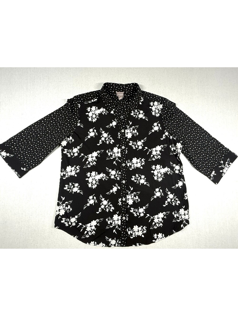 Chicos Button Down Blouse Sz 2/L Floral Black 3/4 Sleeve Top Shirt Boho